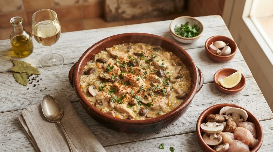 Arroz meloso de setas y pollo recién hecho, en cazuela de barro